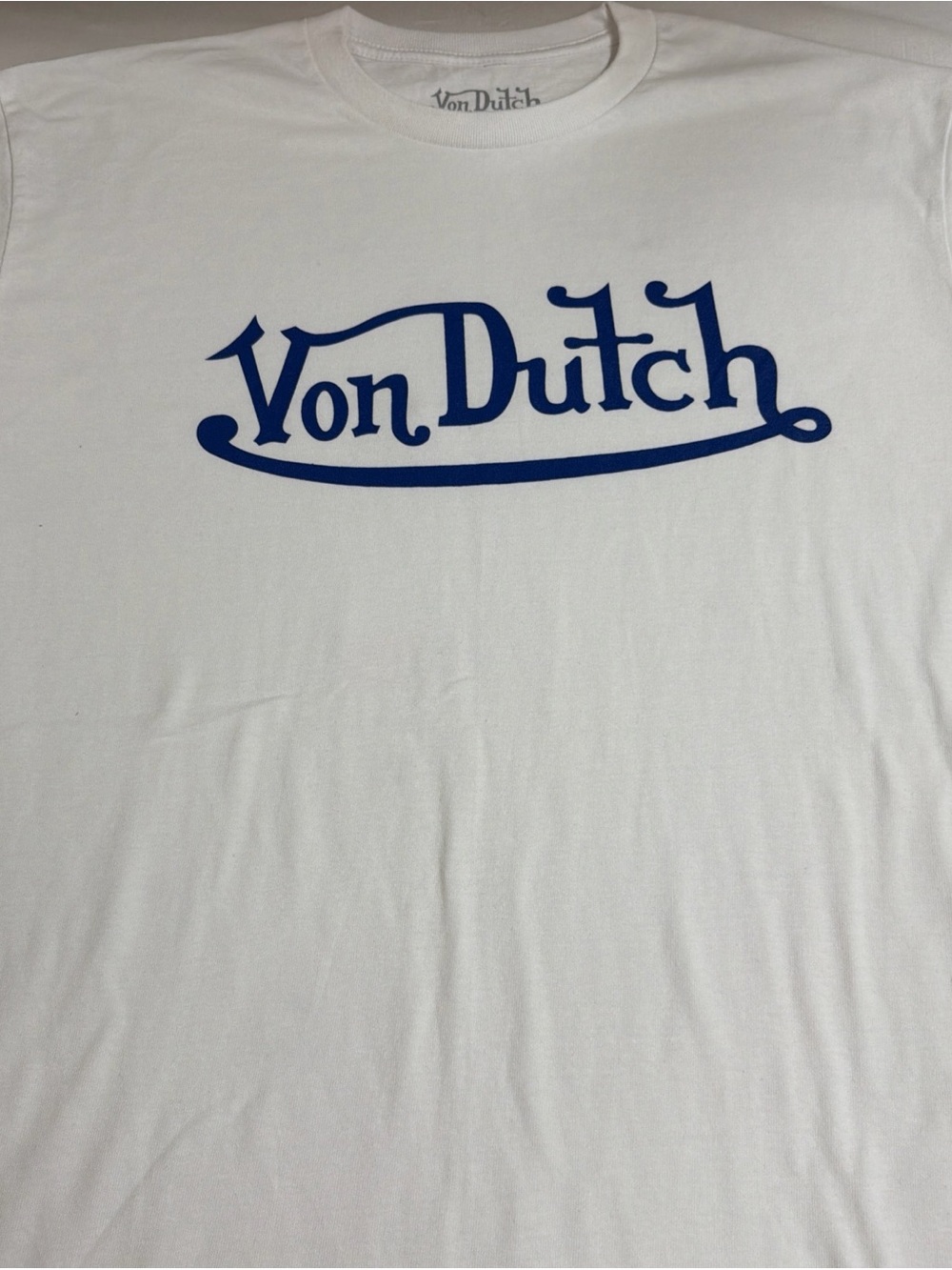 Von Dutch White Short Sleeve Tee with Blue Script Logo